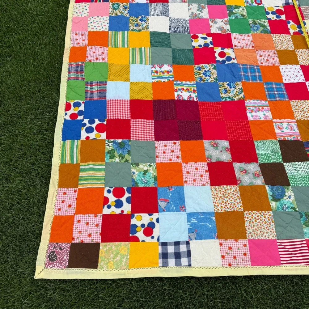 A+ Vintage Handmade Patchwork Quilt Multi Color Scrap Block Cottagecore 89x75